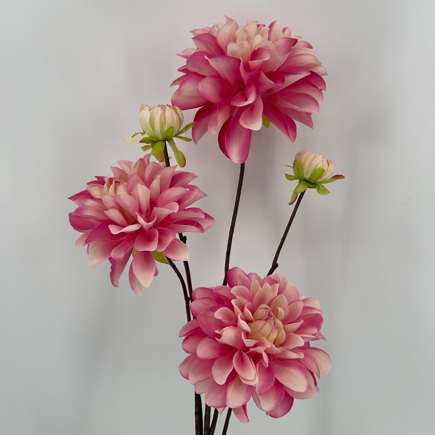 Grote dahlia spray elk 3 grote bloemen en 2 knopjes, 89cm