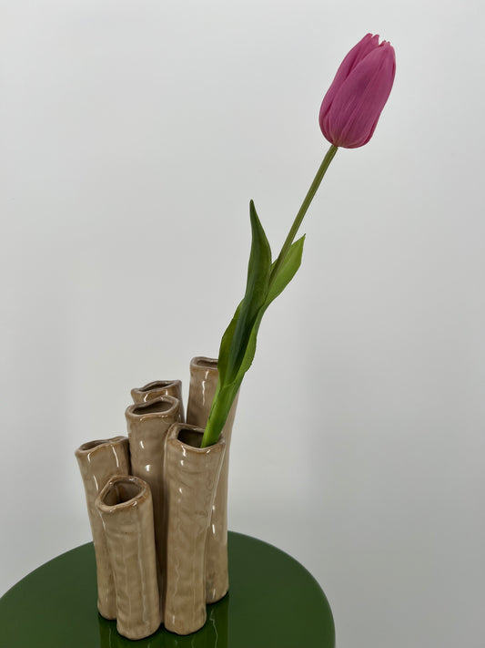 Mooie enkele kunst tulip met groen in mauve en oranje, 45cm