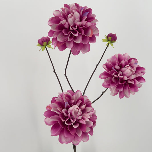 Grote dahlia spray elk 3 grote bloemen en 2 knopjes, 89cm